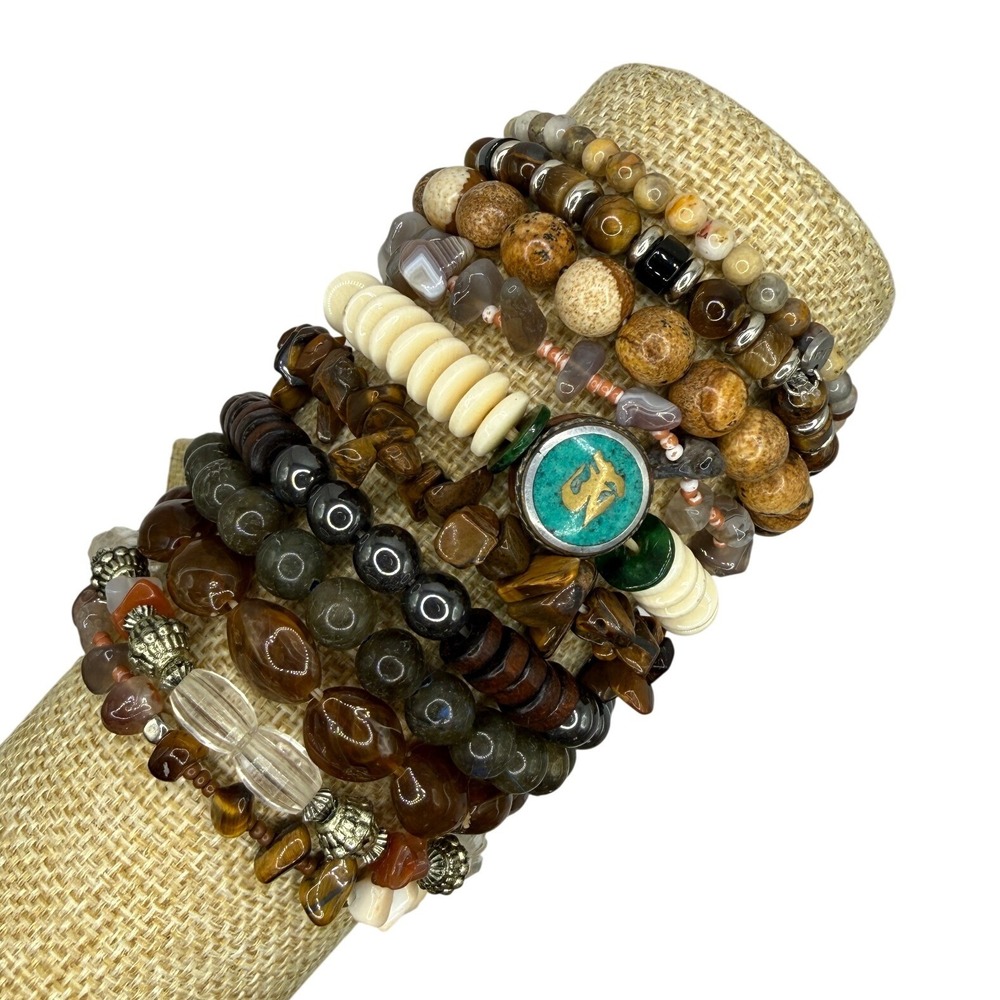 Boho Earthy Gemstone Beaded Stretch Lot of 10 Unbranded Brown Cream Green